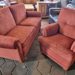 Bank + fauteuil,  oud roze, jacquard, met losse omkeerbare kussens!
